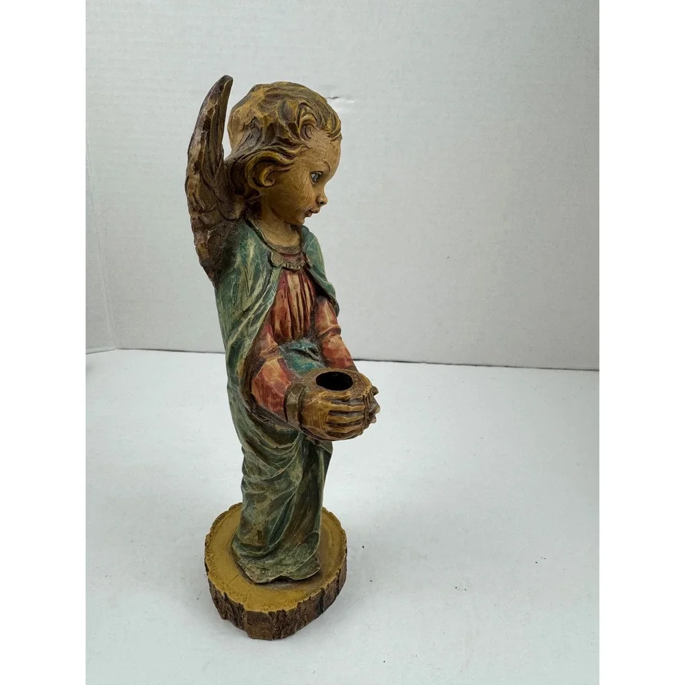 Vintage Hand Painted Angel Figurine Taper Candle Holder Rustic Wood Look Cherub